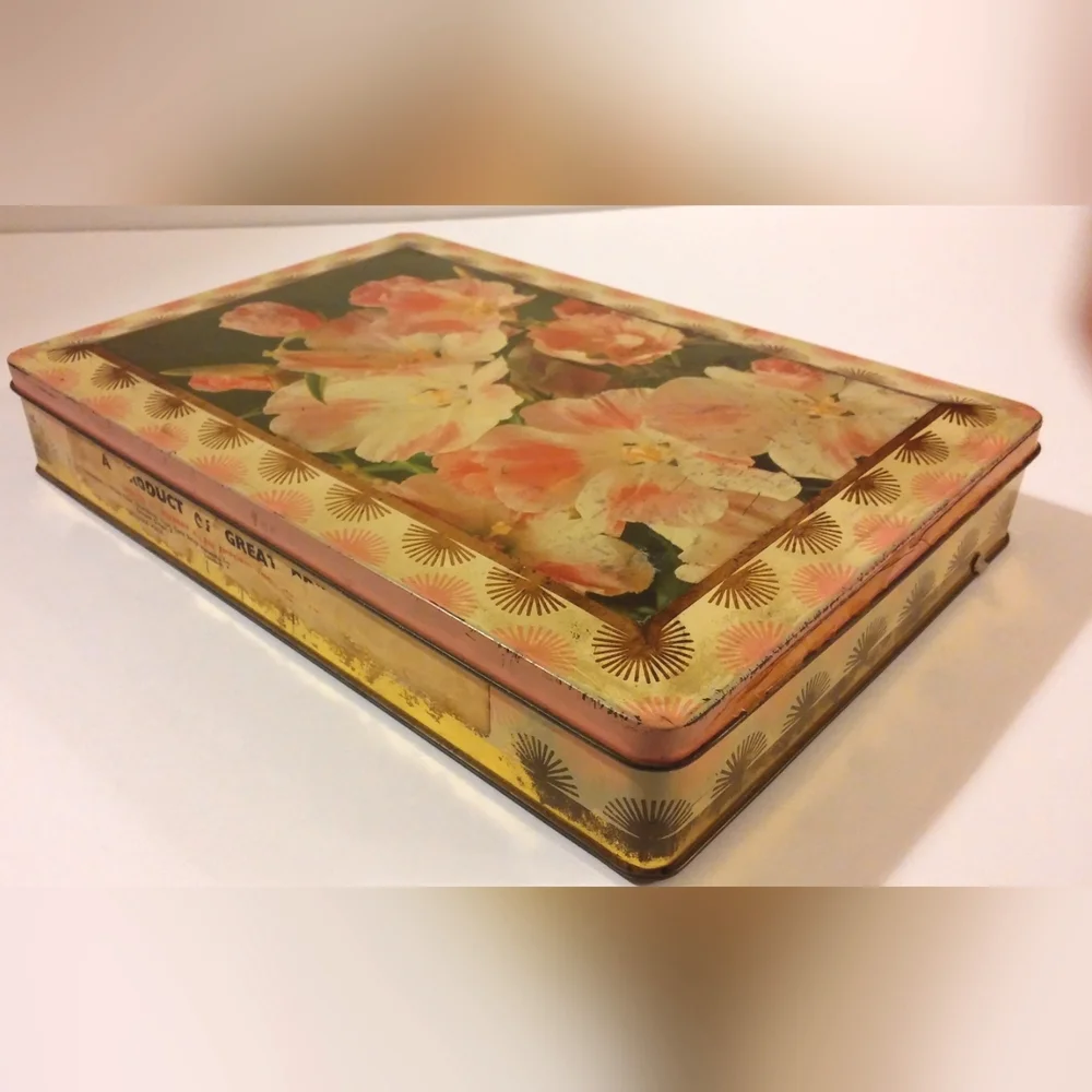 Vintage Floral Tin Box with Pink and Gold Design